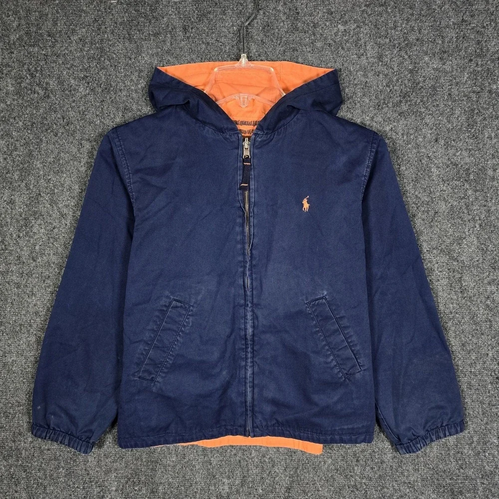 VTG Polo‎ Ralph Lauren Jacket Boys Small Reversible Full Zip Hooded Blue Orange